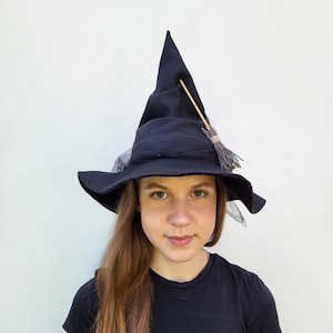 Halloween Black Witch Hat with Mini Broom in child and adult sizes - Halloween Costume Accessory   Cosplay Witch Hat Witchy Party Accessory