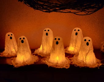 Handmade Cheesecloth Ghost Tea Light Holder: Halloween Mantel Decor (Set of 6, LED Included