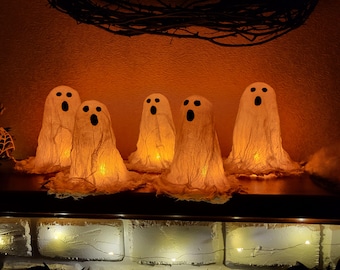 Handmade Cheesecloth Ghost Tea Light Holders - Halloween Decor (Set of 5, LED Included