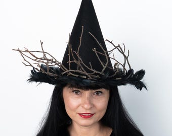 Forest Witch Hat with Real Twigs and Black Feathers, Handmade Halloween Costume Hat