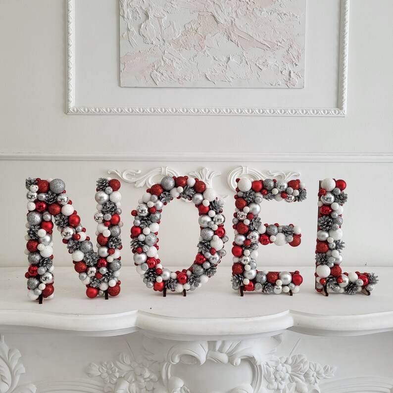 NOEL freestanding letters sign for christmas fireplace or mantel decor, Red and silver ornament letters NOEL, holiday signs, Christmas Decor