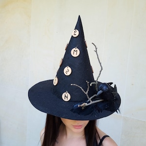 Witch Hat with Raven & Runes: Black Felt Wicca Halloween Costume