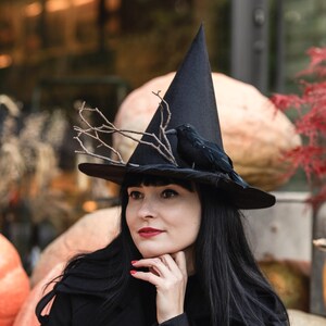 Può includere: Un cappello da strega nero a punta caratterizzato da una disposizione decorativa di sottili ramoscelli marroni spogli e una realistica statuetta di corvo nero appollaiata sul lato della corona. Il cappello ha una tesa larga e piatta.