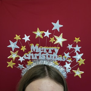 Silver Gold Christmas stars crown, Glitter Merry Christmas Headband, Christmas Headband Adult, Celestial glitter headpiece
