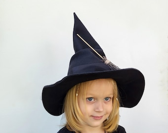 Black Witch Hat with Mini Broom for Girls - Halloween Kids Costume Accessory, Cosplay & Photo Prop, Childrens Witches Hat Costume