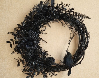 Black gothic wreath, Black Raven Halloween wreath, Dark cottagecore front door Wall wreath, Gift for goth, Black wall decor Gothic wedding