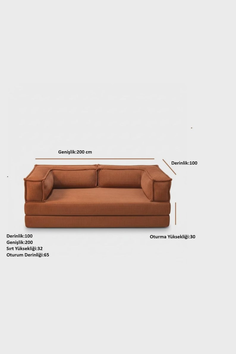 May include: A brown corduroy sofa with dimensions displayed in the image. The sofa is 200 cm wide, 100 cm deep, and has a seat height of 30 cm. The back height is 32 cm, and the seat depth is 65 cm.