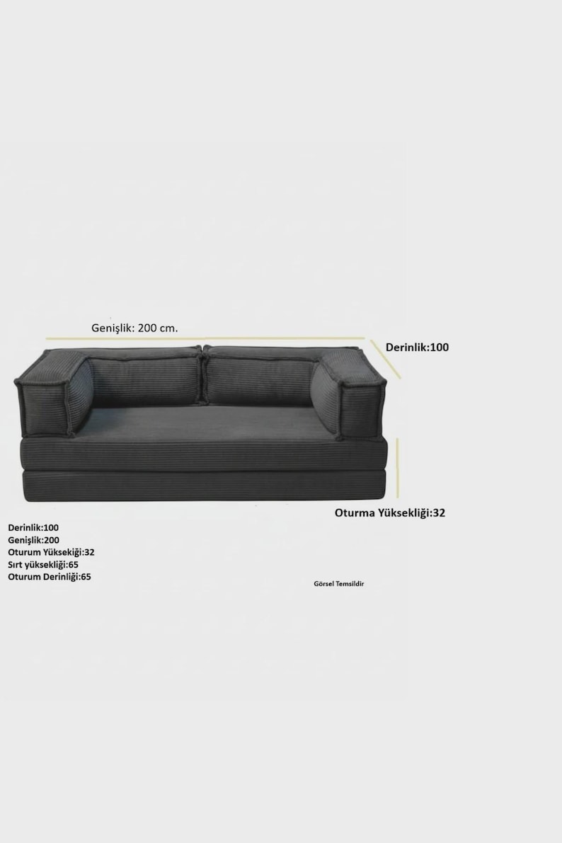 Peut inclure: Un canap&eacute; modulaire gris fonc&eacute; avec des dimensions en cm. Le canap&eacute; mesure 200 cm de large, 100 cm de profondeur et 32 cm de hauteur au niveau de l'assise. Le dossier mesure 65 cm de haut. Le texte de l'image indique "Repr&eacute;sentation visuelle."