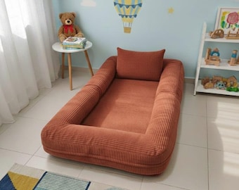 Montessori Baby Floor Bed, Cream Ribbed Fabric Play Mat, Portable Activity Gym