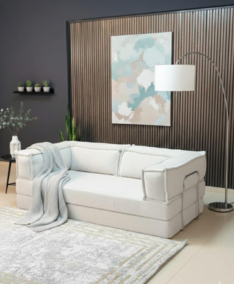 Divano da pavimento in velluto a coste, seduta da pavimento spessa 30 cm, divanetto a due posti in velluto a coste lavabile, divano letto modulare, divano letto su misura, salotto immagine 1