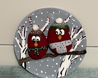 Snow Bird Painted Rocks on Round Wood Shelf Sitter