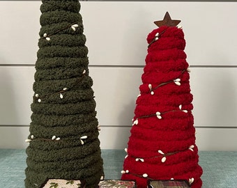 Yarn Christmas Trees and Wooden Present Joy Blocks