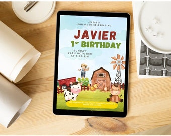 Editable Invitation birthday Farm Canva, Farm Birthday party, kids invitation editable