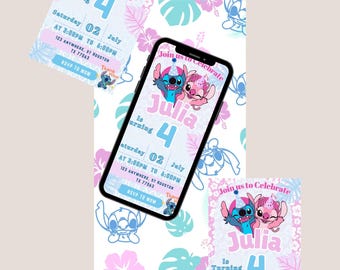 Stitch Digital Invitation Template, editable in Canva pink and blue birthday invitation, party invitation, Lilo and Stitch party