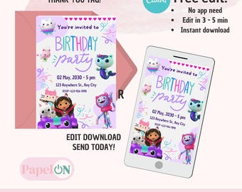 Gaby Dollhouse digital invitation, Gaby's house digital invitation, editable in Canva, birthday invitation