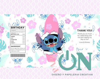 Stitch party kit - chip bags, Pringles and Nutella to-go labels - paintable, digital download Canva. Printable labels for sweets and snacks.