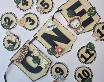 Fotobanner zum ersten Geburtstag, Banner für den Hochstuhl „ONE“ und Monate seit Babys Geburt, Wild One Safari, Wildtiere