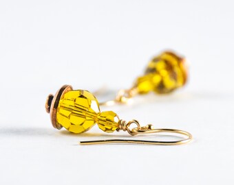 Bright Yellow-Green Crystal Earrings with Real Copper Metal, 14kt Gold-fill Ear Wires - 7th Wedding Anniversary Year Gift for Wife - 22nd