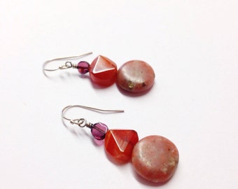 Rhodonite Stone Bead Earrings - Carnelian Agate and Garnet Stones - Pink, Orange, and Red Gemstone Earrings with Silver - January Birthstone