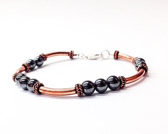 Hematite Bracelet Mens - Copper Bracelet for Women - 7th Anniversary Gift - Gray Gemstone  Bracelet - Copper Jewelry - Hematite jewelry