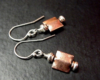 Mixed Metal Copper Earrings with Sterling Silver Beads - Flat Square Bead Earrings - Beaded Copper jewelry - 7th Anniversary Gift for Her