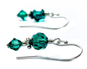 2 Bead Stacked Emerald Green Crystal Earrings with Fancy Sterling Silver - May Birthstone Birthday Jewelry - 3rd, 15th Anniversary Gift