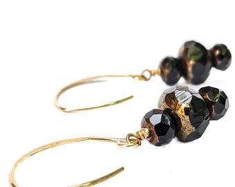 Black and Gold Glass Bead Earrings - Black Beaded Earrings with Large Gold Hooks - 3rd Wedding Anniversary Gift Idea for Wife - Bronze Trim