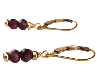 Small Faceted Garnet Earrings with 14kt Gold fill - Dark Red Gemstone Nugget Dangle Earrings - January Birthstone - 2nd Anniversary Gift