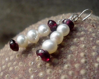 Small White Pearl Earrings with Garnet Gemstones - 3 Stacked Pearls - Sterling - 3rd Anniversary Gift for Wife - June Birthstone Jewelry