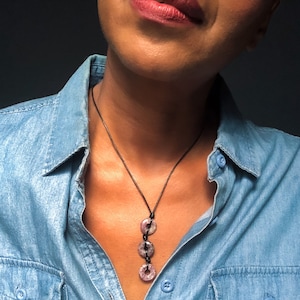 Purple Lepidolite Necklace - Knotted Black Leather Necklace with Purple Stone Pendants - 12th Anniversary Gift for Her