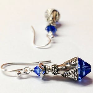 Bali Silver & Sapphire Blue Crystal Earrings – Handmade September Birthstone Jewelry Gift for Her