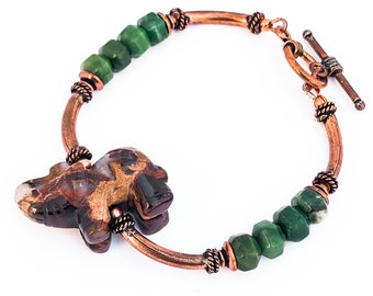 Green Jade Elephant Bracelet - Elephant Jewelry for 7th or 12th Anniversary Gift for Her - Copper Bracelet with Gemstone Pendant