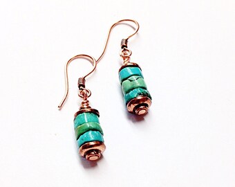 Sliced Stone Stack Turquoise Earrings - Blue-Green Heishi Disc Shape Beaded Earrings - Copper Jewelry - 7th, 11th Anniversary Gift for Wife