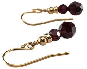 Small Dark Red Crystal Earrings with Gold - Garnet Earrings - January Birthstone Jewelry Birthday Gift Idea - 3rd Anniversary Gifts for Wife