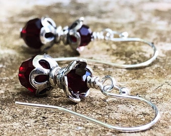 Open Weave Sterling Silver Filigree Earrings - Red Garnet Crystal Earrings - January Birthstone - Crystal Jewelry Anniversary Gift Idea