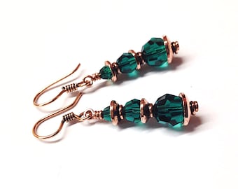 Emerald Green Crystal Bead Copper Earrings - 7th Anniversary Gift Idea Copper Jewelry - May Birthstone Birthday Gift - Green Dangle Earrings