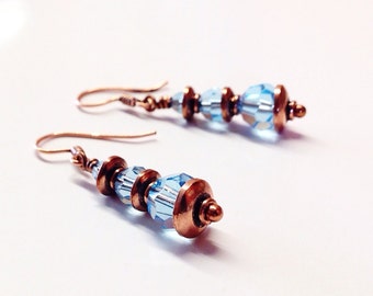 Aquamarine Crystal Earrings - Copper Jewelry for 7th Anniversary Gift Idea for Wife - Light Blue Beaded Earrings