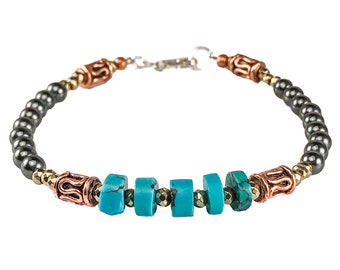 Bracelet en perles de pierre hématite avec cuivre, pyrite dorée et pierres turquoises - Bracelet de perles gris - cadeau du 7e anniversaire - 22e année