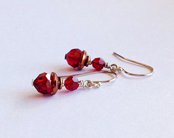 small red earrings - 3rd anniversary gift - 7th - 15th wedding anniversary - crystal jewelry - july birthstone - copper