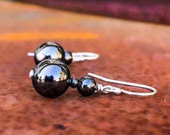 Shiny Gray Earrings - 8mm Hematite Earrings - Steel Gray Beaded Stone Earrings - 11th Anniversary Gift Idea - 2 Round Bead Dangle Earrings