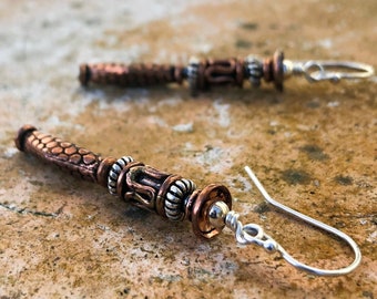 Sterling Silver Copper Bead Earrings - 7th Anniversary Gift - 22nd Year - Solid Copper Jewelry - Small Hematite Stones - Etched Pattern