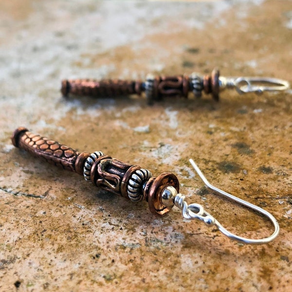 Sterling Silver Copper Bead Earrings - 7th Anniversary Gift - 22nd Year - Solid Copper Jewelry - Small Hematite Stones - Etched Pattern