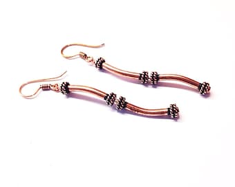 Long Slender Copper Earrings - Curved Copper Metal Earrings - Solid Copper Jewelry - 7th Wedding Anniversary Gift Ideas for Her - 22nd Year