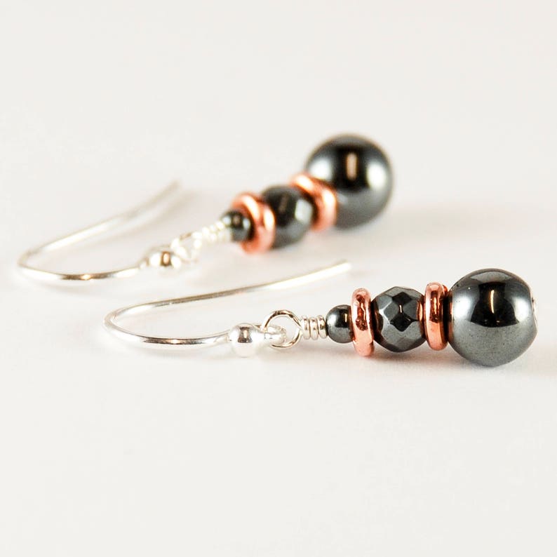 Gray Bead Earrings Beaded Hematite Earrings with Copper Sterling Silver Copper Earrings Anniversary Gifts for Wife 7th 11th -22nd