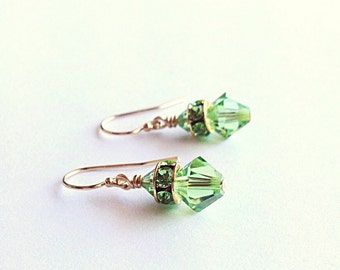 Peridot Crystal Earrings for Bridesmaid Bridal Jewelry - Light Green Earrings - August Birthstone Birthday Gift - 3rd Wedding Anniversary