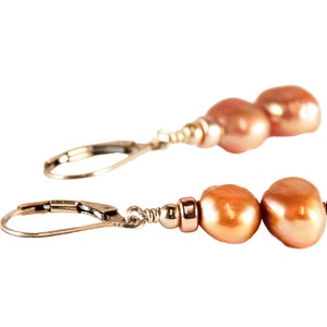 Large Baroque Salmon Peach Pearl Earrings with Rose Yellow Gold - Stacked Freshwater Pearl Earrings - 12th Anniversary Gift Idea for Wife