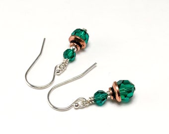 Green Crystal Beaded Earrings - Emerald Dangle Earrings for May Birthstone Jewelry Gift for Her - Real Copper 7th Anniversary Gift for Women
