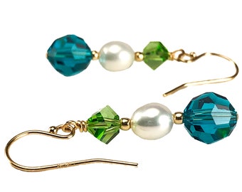 White Freshwater Pearl Earrings with Blue Zircon and Peridot Green Crystals - Turquoise Crystal Earrings - 3rd, 12th or 30th Anniversary