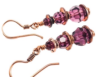 Modern Copper Amethyst Crystal Earrings - Copper Jewelry - Copper Earrings - February Birthstone Earrings  - 7th Anniversary Gift for Women