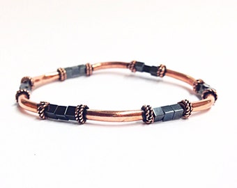 Copper Bracelet - Hematite Bracelet - Elastic Bracelet - 7th Anniversary Gift 22nd - Copper Jewelry - Gray Stone Bracelet